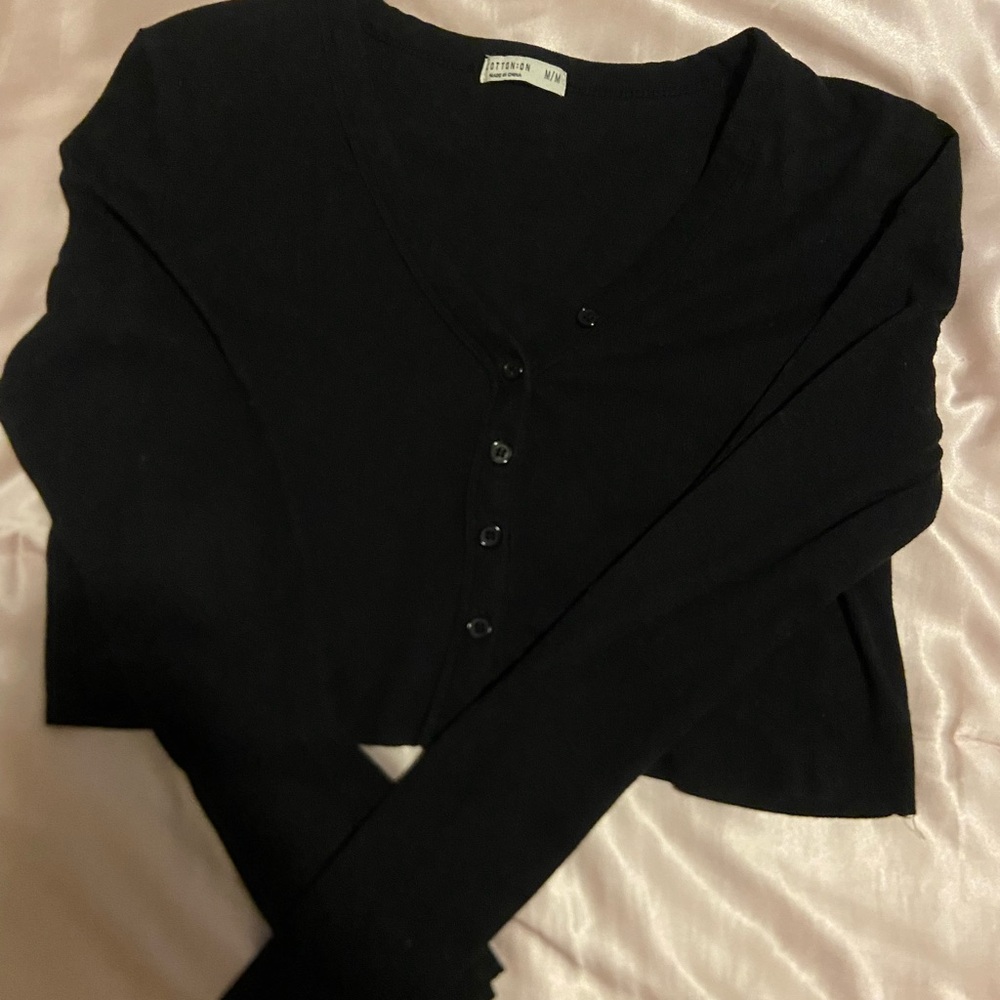 Cotton On Black Ribbed Button-Up Cropped Cardigan - Size M